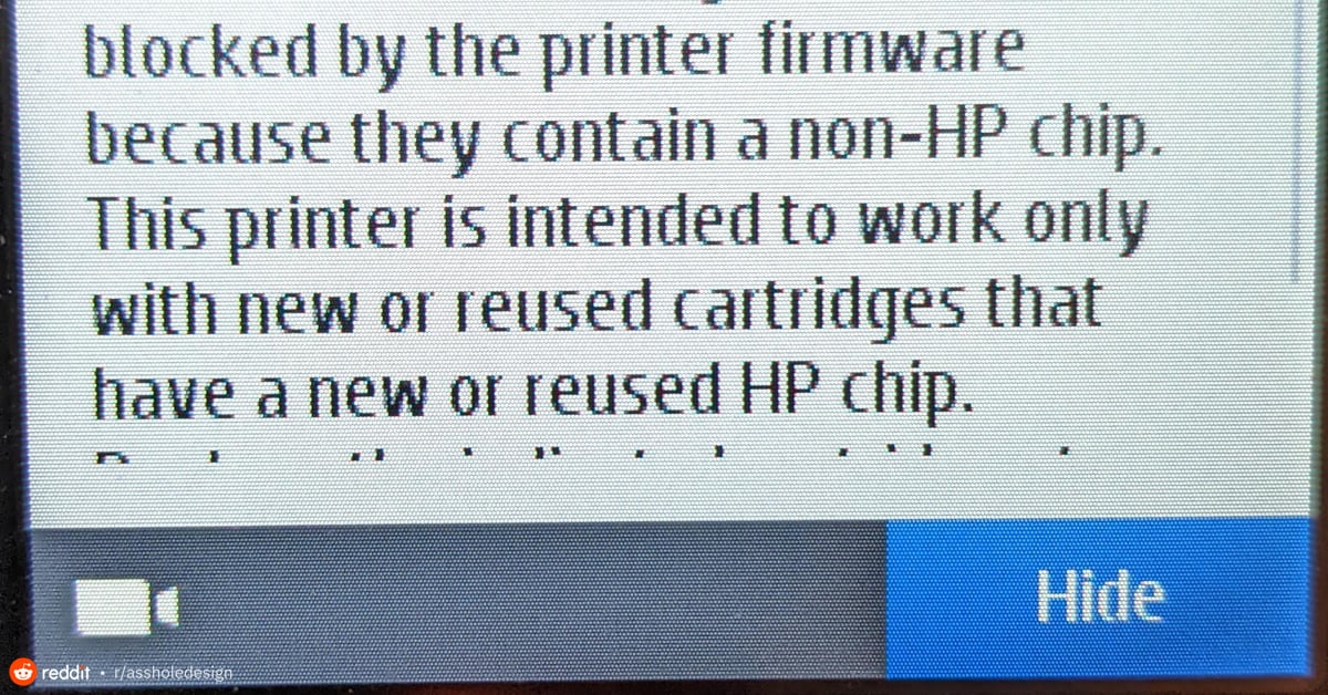 HP have updated their printers to ban ‘non-HP’ cartridges